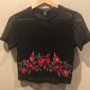 Black Mesh Top with Flower Embroidered Detailing